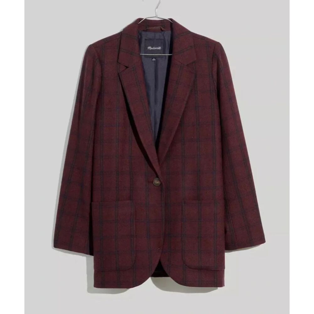 MADEWELL Larsen Oversized Wool Blend Plaid Blazer Maroon Medium